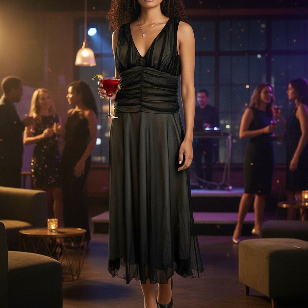 Connected Black Sheer Ruched V Neck Sleeveless Midi Dress Size 10